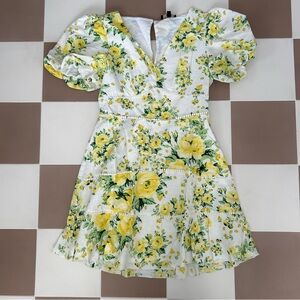 Lipsy Cotton Linen Blend Yellow and Green Floral Summer Dress UK 8 US Small
